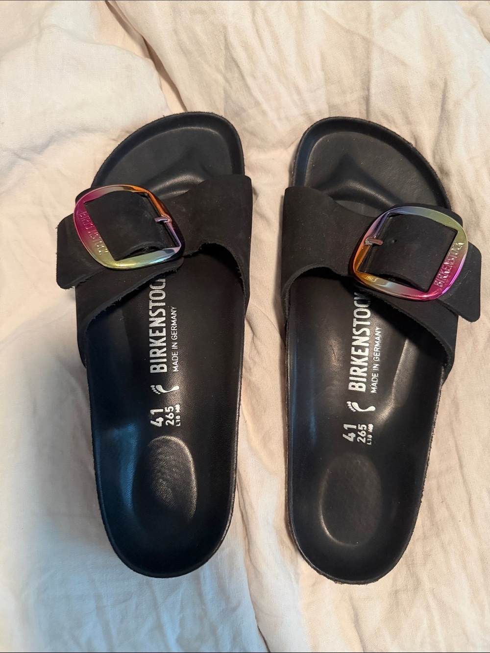Birkenstock Black Madrid Suede Slide Sandals with Iridescent Buckle EUC